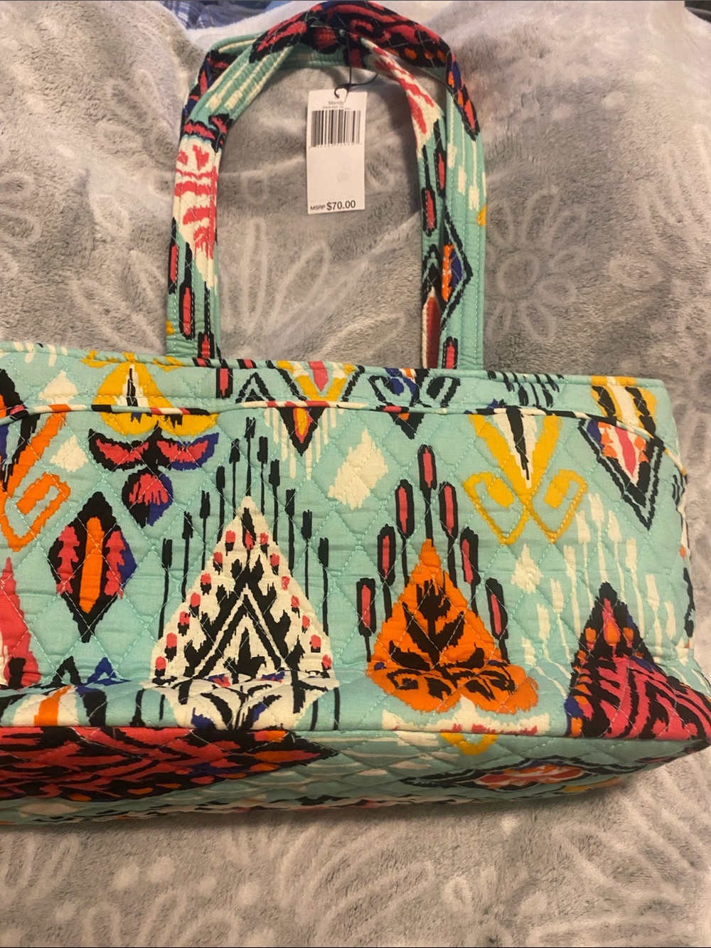 Vera Bradley Aqua Ikat Quilted Tote with Multicolor Accents